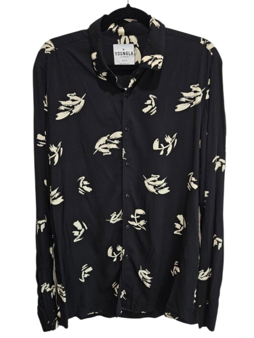 YoungLA Black Button-Down Shirt with Cream Abstract Print Medium Long Sleeve